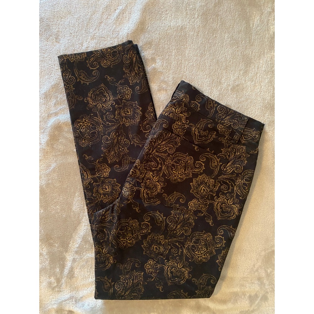 Lauren Ralph Lauren Pants 10P Black Gold Paisley Metallic Slim Ankle Ornate Glam